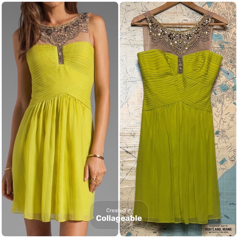 BCBGMaxAzria Julissa Silk Gem Collar Dress, 4, Lemongrass Green